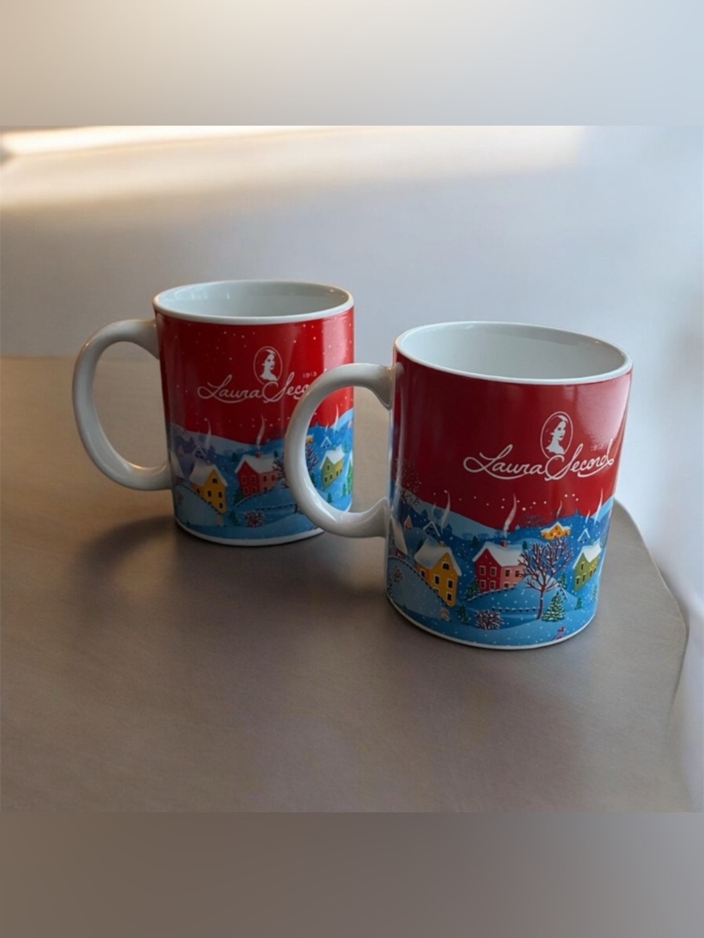 Set of 2 Laura Secord Festive Christmas Village Snow Collectible Mugs